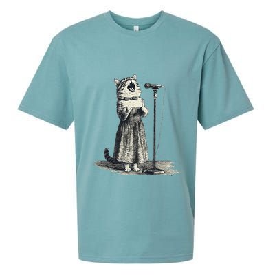 Vintage Singing Cat Microphone Retro Illustration Sueded Cloud Jersey T-Shirt