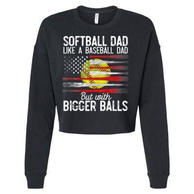 Vintage Softball Dad Like A Baseball Dad US Flag Fathers Day Cropped Pullover Crew