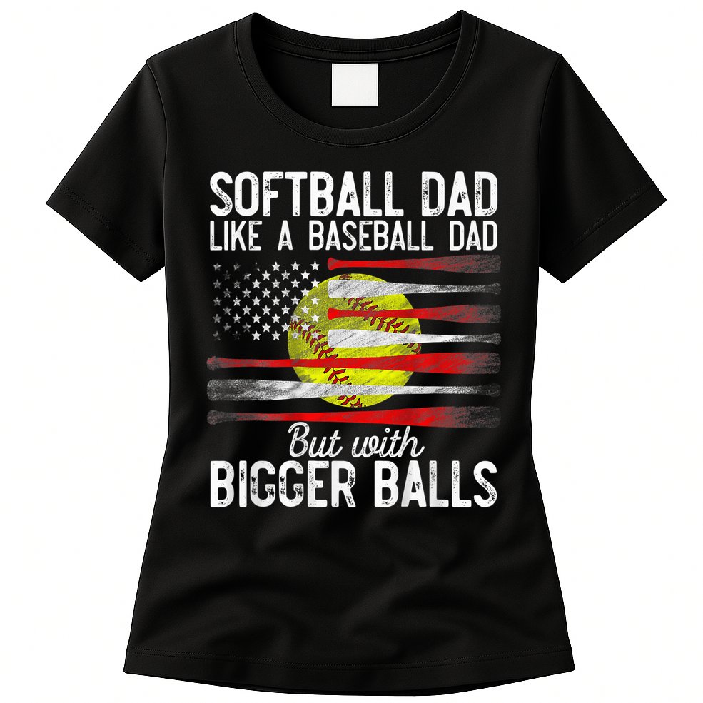 Vintage Softball Dad Like A Baseball Dad US Flag Fathers Day Womens T-Shirt