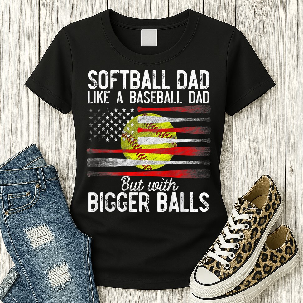 Vintage Softball Dad Like A Baseball Dad US Flag Fathers Day Womens T-Shirt