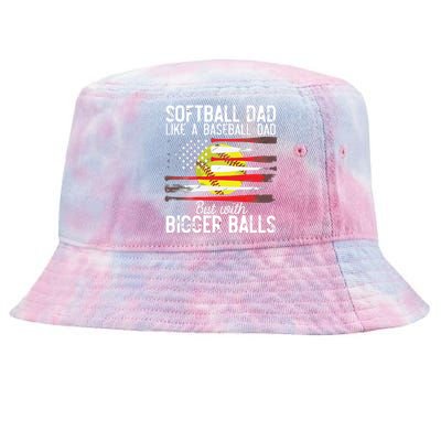 Vintage Softball Dad Like A Baseball Dad US Flag Fathers Day Tie-Dyed Bucket Hat