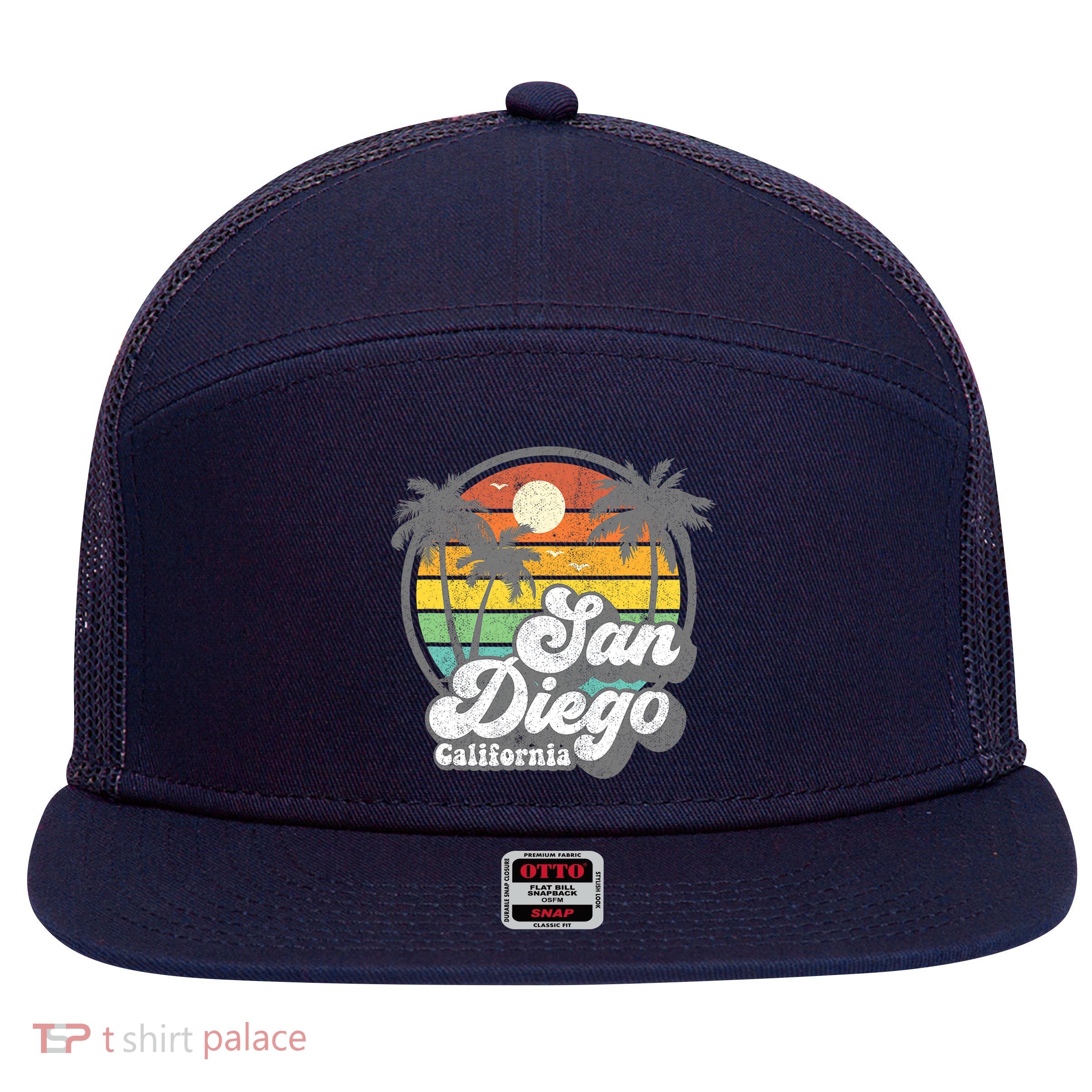 Vintage San Diego Beach California Surfing Retro Surf Gift 7 Panel Mesh Trucker Snapback Hat