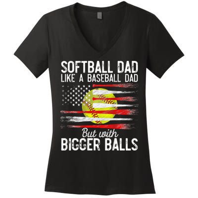 Vintage Softball Dad Like A Baseball Dad US Flag Fathers Day Women's V-Neck T-Shirt