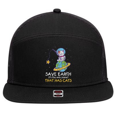 Vintage Save Earth That Has Cat Funny Earth Day Cat Lover 7 Panel Mesh Trucker Snapback Hat