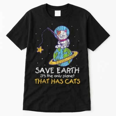 Vintage Save Earth That Has Cat Funny Earth Day Cat Lover Tall T-Shirt
