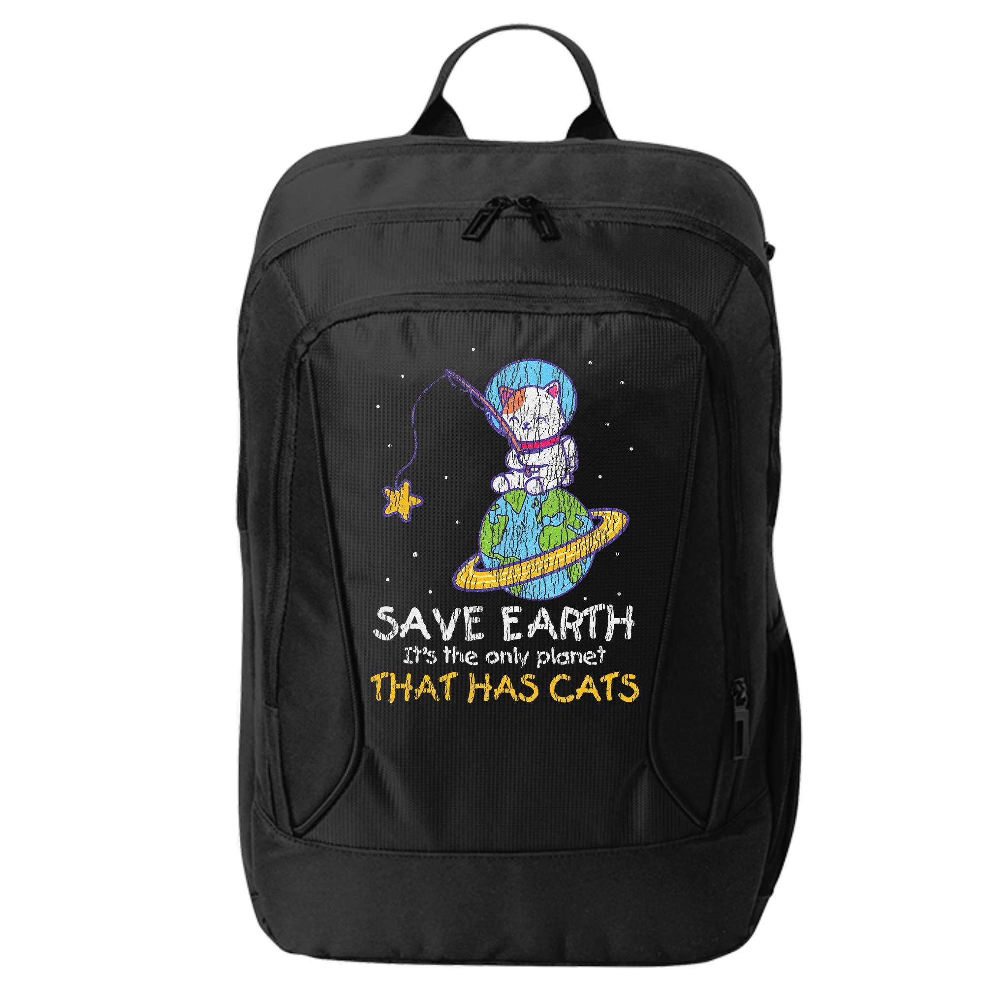 Vintage Save Earth That Has Cat Funny Earth Day Cat Lover City Backpack