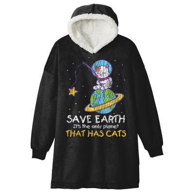 Vintage Save Earth That Has Cat Funny Earth Day Cat Lover Hooded Wearable Blanket