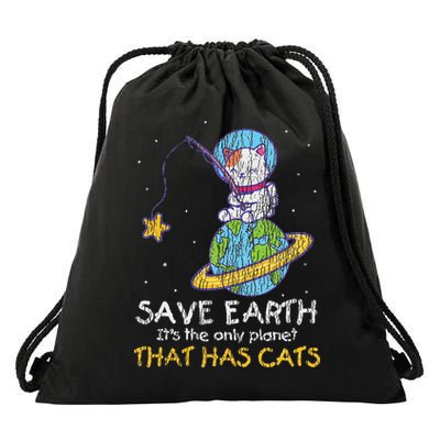 Vintage Save Earth That Has Cat Funny Earth Day Cat Lover Drawstring Bag