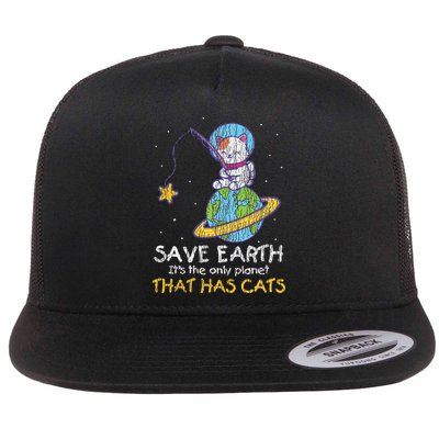 Vintage Save Earth That Has Cat Funny Earth Day Cat Lover Flatbill Hat