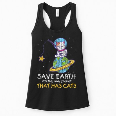 Vintage Save Earth That Has Cat Funny Earth Day Cat Lover Womens Tank Top