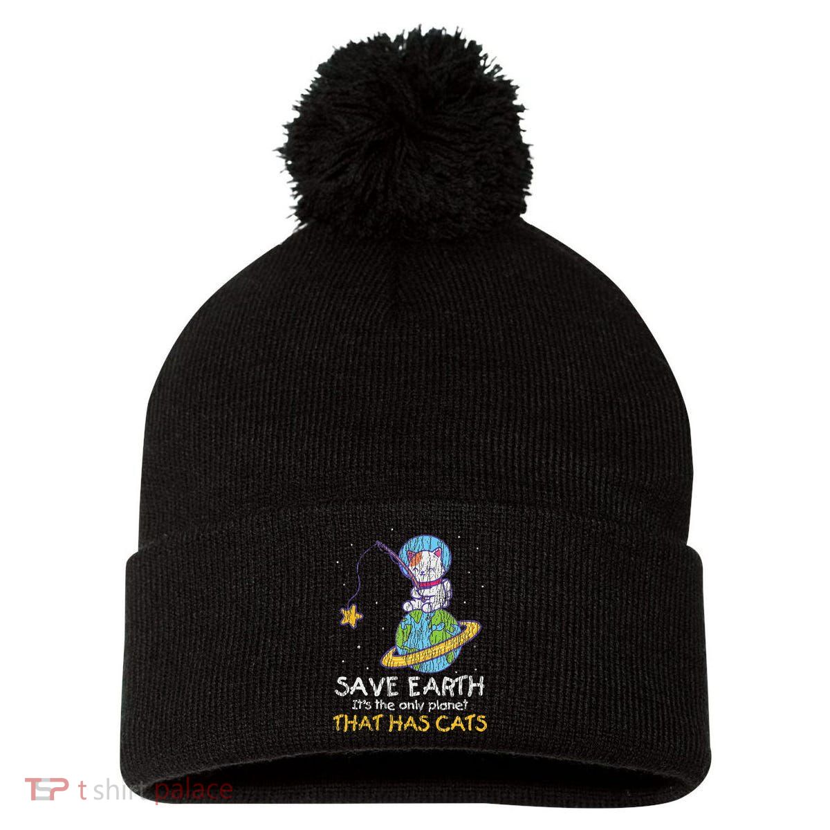 Vintage Save Earth That Has Cat Funny Earth Day Cat Lover Pom Pom 12in Knit Beanie