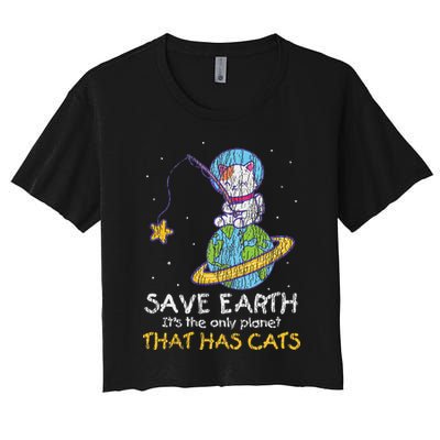 Vintage Save Earth That Has Cat Funny Earth Day Cat Lover Crop Top