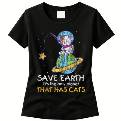 Vintage Save Earth That Has Cat Funny Earth Day Cat Lover Womens T-Shirt