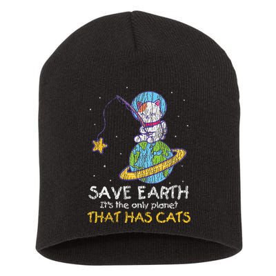 Vintage Save Earth That Has Cat Funny Earth Day Cat Lover Short Acrylic Beanie