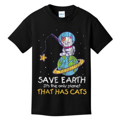 Vintage Save Earth That Has Cat Funny Earth Day Cat Lover Kids T-Shirt