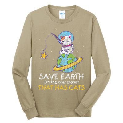 Vintage Save Earth That Has Cat Funny Earth Day Cat Lover Tall Long Sleeve T-Shirt