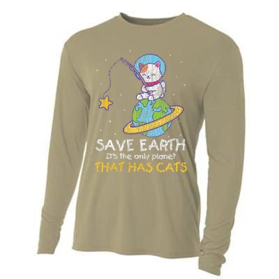 Vintage Save Earth That Has Cat Funny Earth Day Cat Lover Cooling Performance Long Sleeve Crew