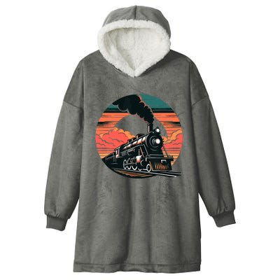 Vintage Steam Engine Train Locomotive Cool Sunset Railroad Hooded Wearable Blanket