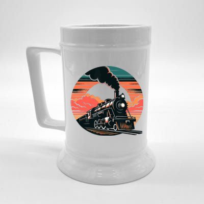 Vintage Steam Engine Train Locomotive Cool Sunset Railroad Beer Stein