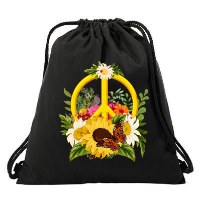 Vintage Sunflower Floral Butterfly Ladybug Peace Sign Drawstring Bag
