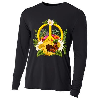 Vintage Sunflower Floral Butterfly Ladybug Peace Sign Cooling Performance Long Sleeve Crew