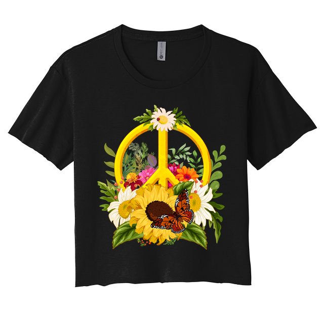 Vintage Sunflower Floral Butterfly Ladybug Peace Sign Crop Top