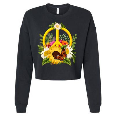 Vintage Sunflower Floral Butterfly Ladybug Peace Sign Cropped Pullover Crew