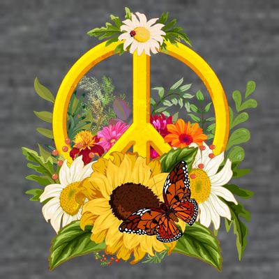 Vintage Sunflower Floral Butterfly Ladybug Peace Sign T-Shirt