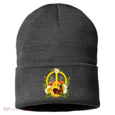 Vintage Sunflower Floral Butterfly Ladybug Peace Sign Sustainable Knit Beanie