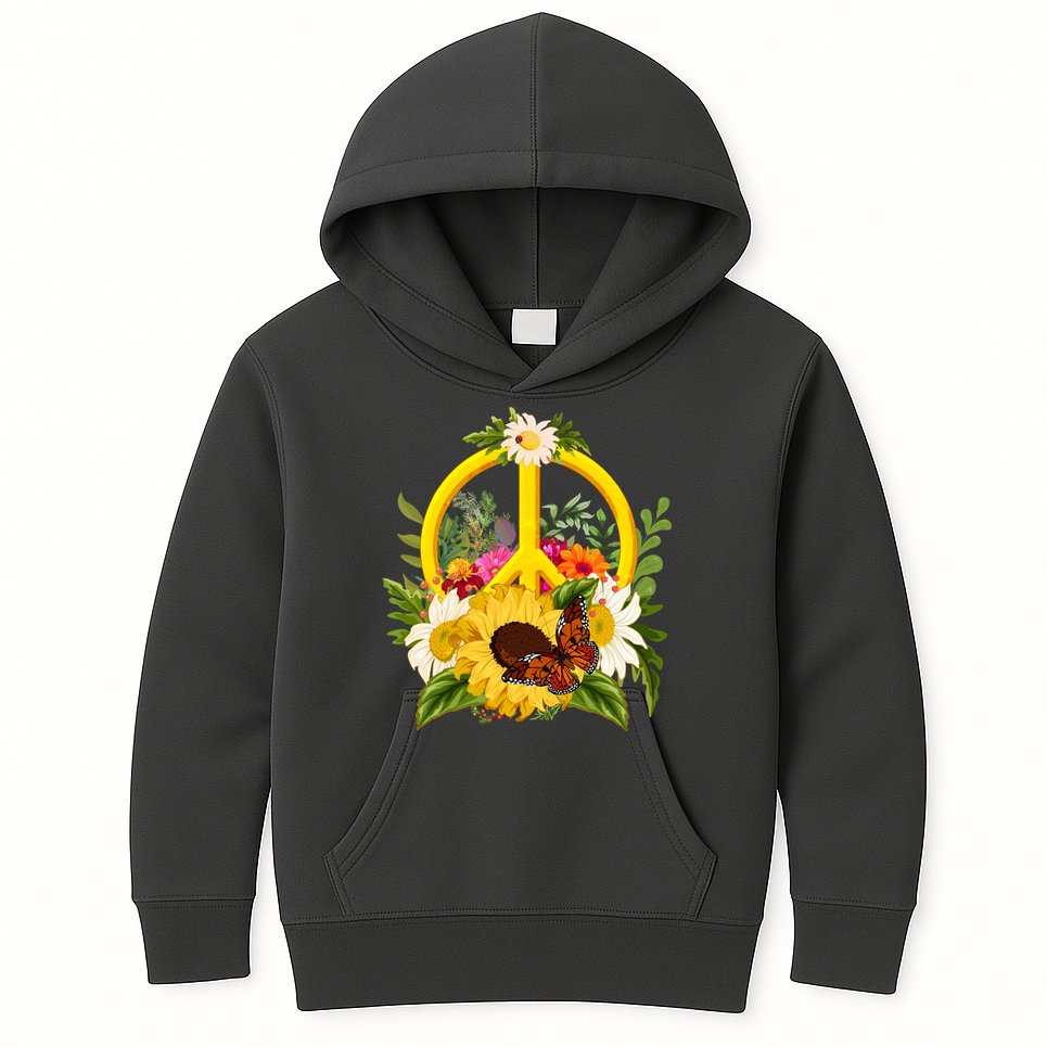 Vintage Sunflower Floral Butterfly Ladybug Peace Sign Kids Hoodie