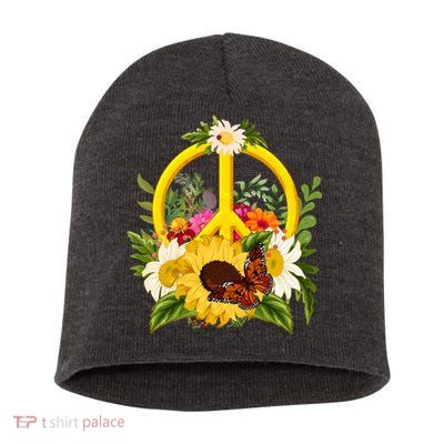 Vintage Sunflower Floral Butterfly Ladybug Peace Sign Short Acrylic Beanie