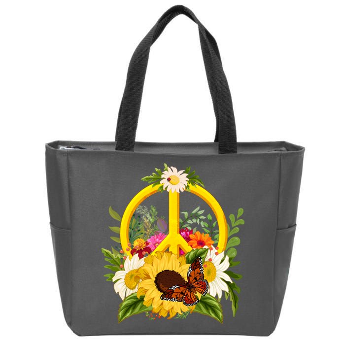 Vintage Sunflower Floral Butterfly Ladybug Peace Sign Zip Tote Bag