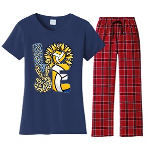 Volleyball Sayings For Shirts, Love Volleyball Leopard Sunflower Sports Ball Women's Flannel Pajama Set