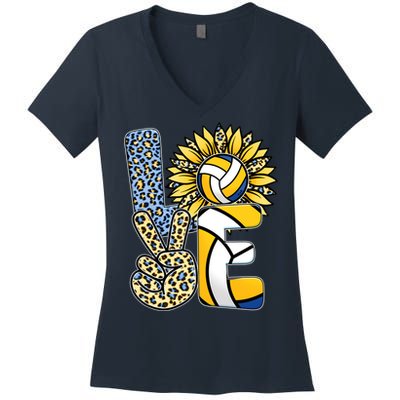 Volleyball Sayings For Shirts, Love Volleyball Leopard Sunflower Sports Ball Women's V-Neck T-Shirt