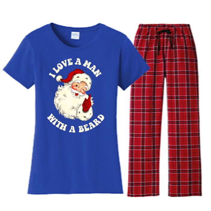 Vintage Santa Fun Retro I Love A With A Beard Christmas Gift Women's Flannel Pajama Set