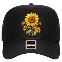 Vintage Sunflower Graphic High Crown Mesh Back Trucker Hat