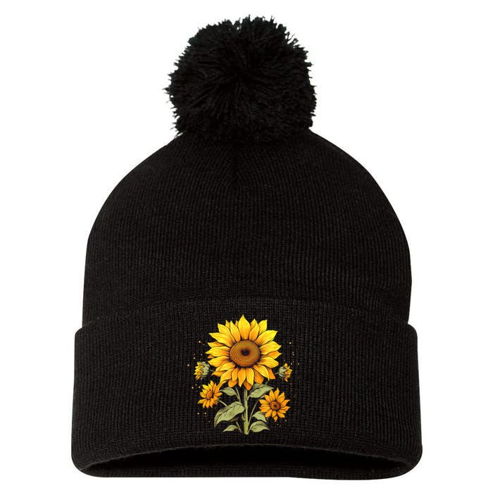 Vintage Sunflower Graphic Pom Pom 12in Knit Beanie