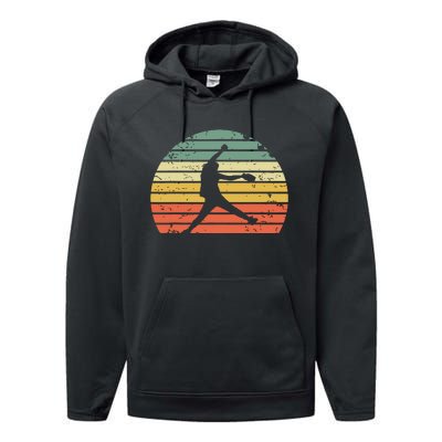 Vintage Softball Girl Pitching Silhouette Retro Sunset Performance Fleece Hoodie