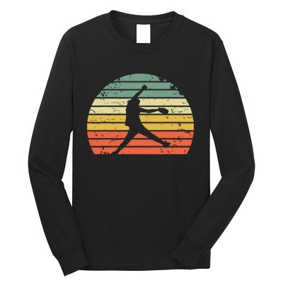 Vintage Softball Girl Pitching Silhouette Retro Sunset Long Sleeve Shirt