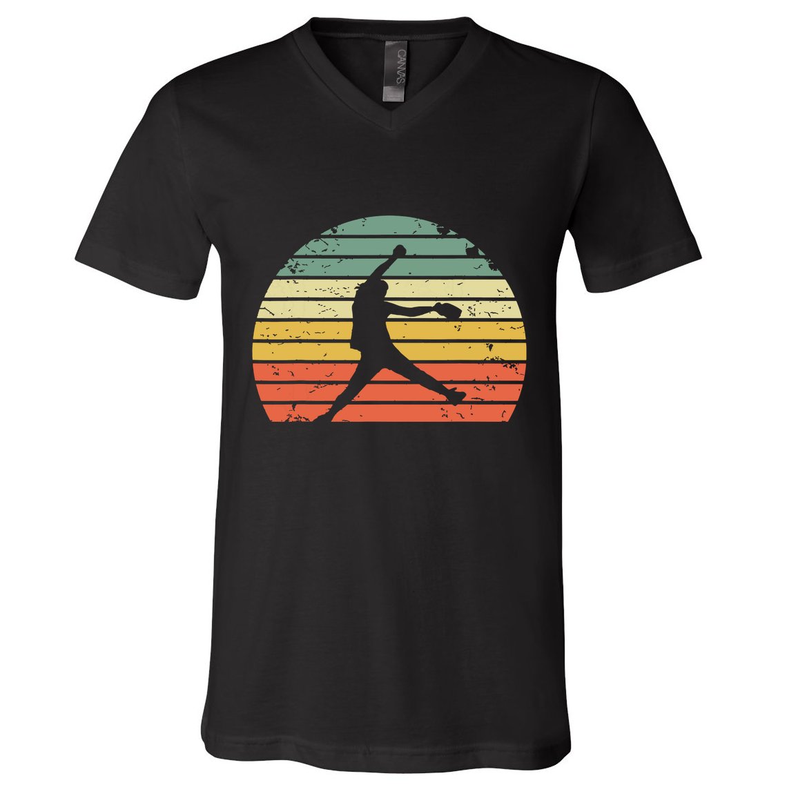 Vintage Softball Girl Pitching Silhouette Retro Sunset V-Neck T-Shirt