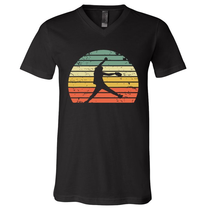 Vintage Softball Girl Pitching Silhouette Retro Sunset V-Neck T-Shirt