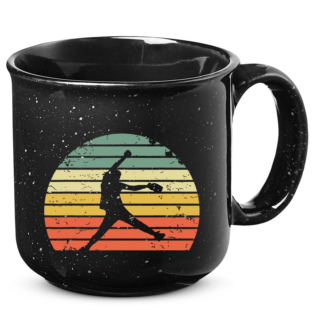 Vintage Softball Girl Pitching Silhouette Retro Sunset 15oz Campfire Ceramic Mug