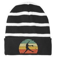 Vintage Softball Girl Pitching Silhouette Retro Sunset Striped Beanie with Solid Band