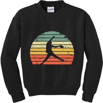 Vintage Softball Girl Pitching Silhouette Retro Sunset Kids Sweatshirt