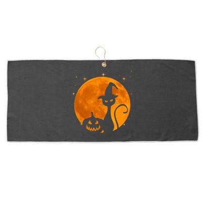 Vintage Scary Halloween Black Cat Costume Witch Hat And Moon Cool Gift Large Microfiber Waffle Golf Towel