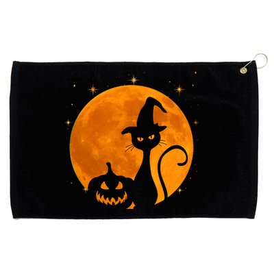 Vintage Scary Halloween Black Cat Costume Witch Hat And Moon Cool Gift Grommeted Golf Towel