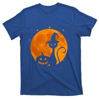 Vintage Scary Halloween Black Cat Costume Witch Hat And Moon Cool Gift T-Shirt