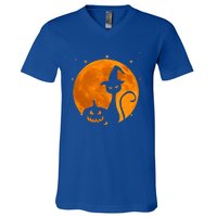 Vintage Scary Halloween Black Cat Costume Witch Hat And Moon Cool Gift V-Neck T-Shirt