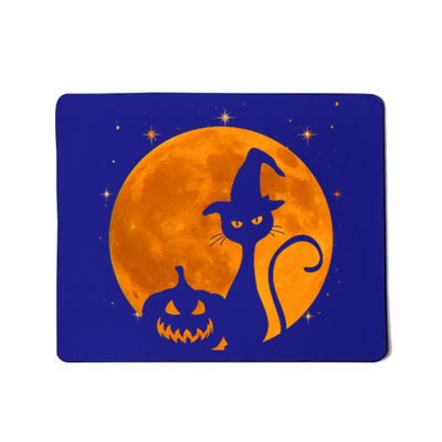 Vintage Scary Halloween Black Cat Costume Witch Hat And Moon Cool Gift Mousepad