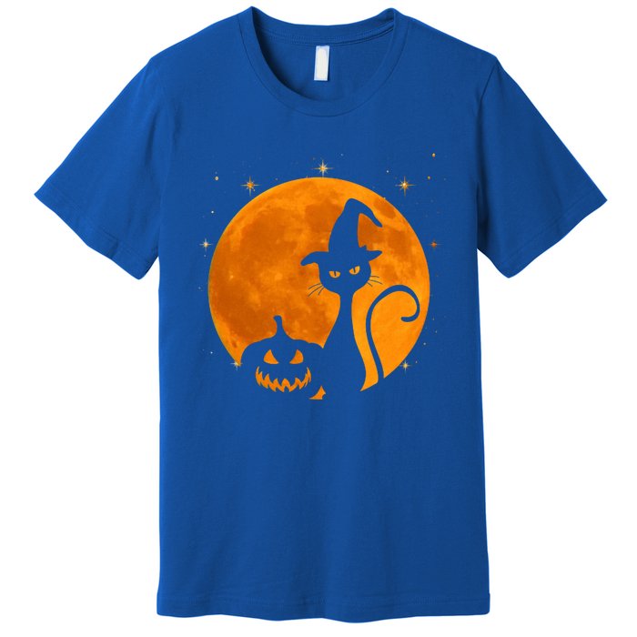 Vintage Scary Halloween Black Cat Costume Witch Hat And Moon Cool Gift Premium T-Shirt